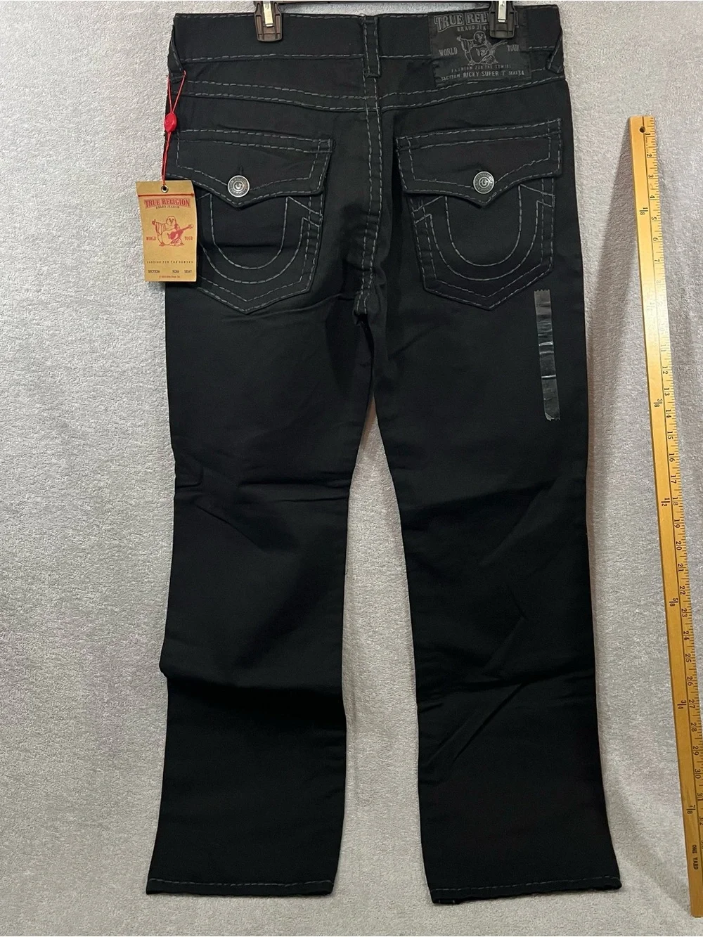 TRUE RELIGION RICKY SUPER T FLAP BLACK JEANS RELAXED STRAIGHT THICK STITCH 36x32